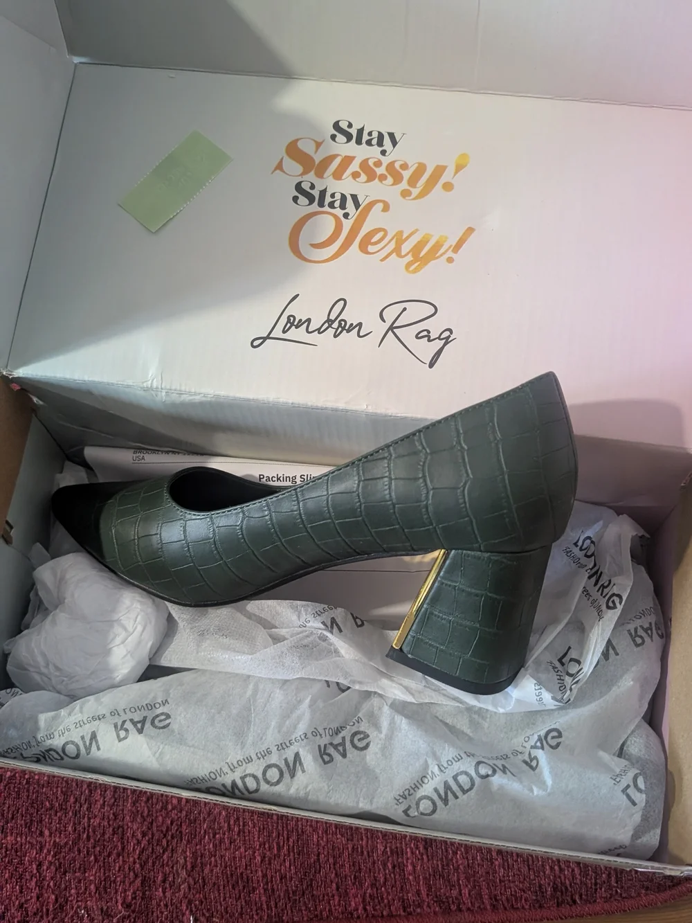 London Rag Dark Green Croc-Embossed Block Heel Pump with Gold Accent